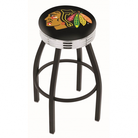 25 inch Black Chicago Blackhawks Swivel Bar Stool w/ Chrome Ribbed Accent