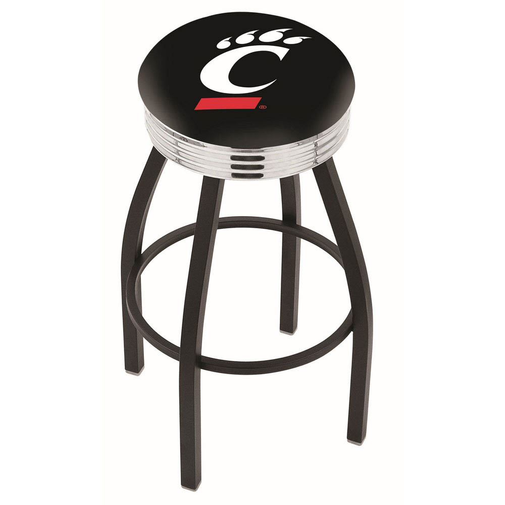 inch Black Cincinnati Swivel Bar Stool w/ Chrome Ribbed Accent