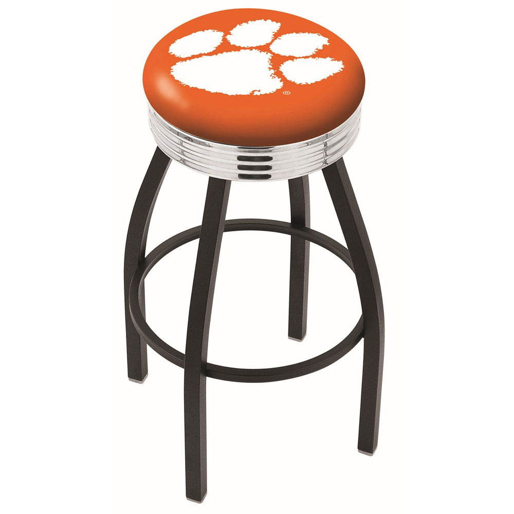 inch Black Clemson Swivel Bar Stool w/ Chrome Ribbed Accent