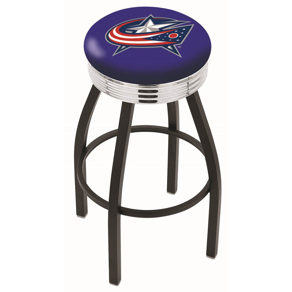 inch Black Columbus Blue Jackets Swivel Bar Stool w/ Chrome Ribbed Accent