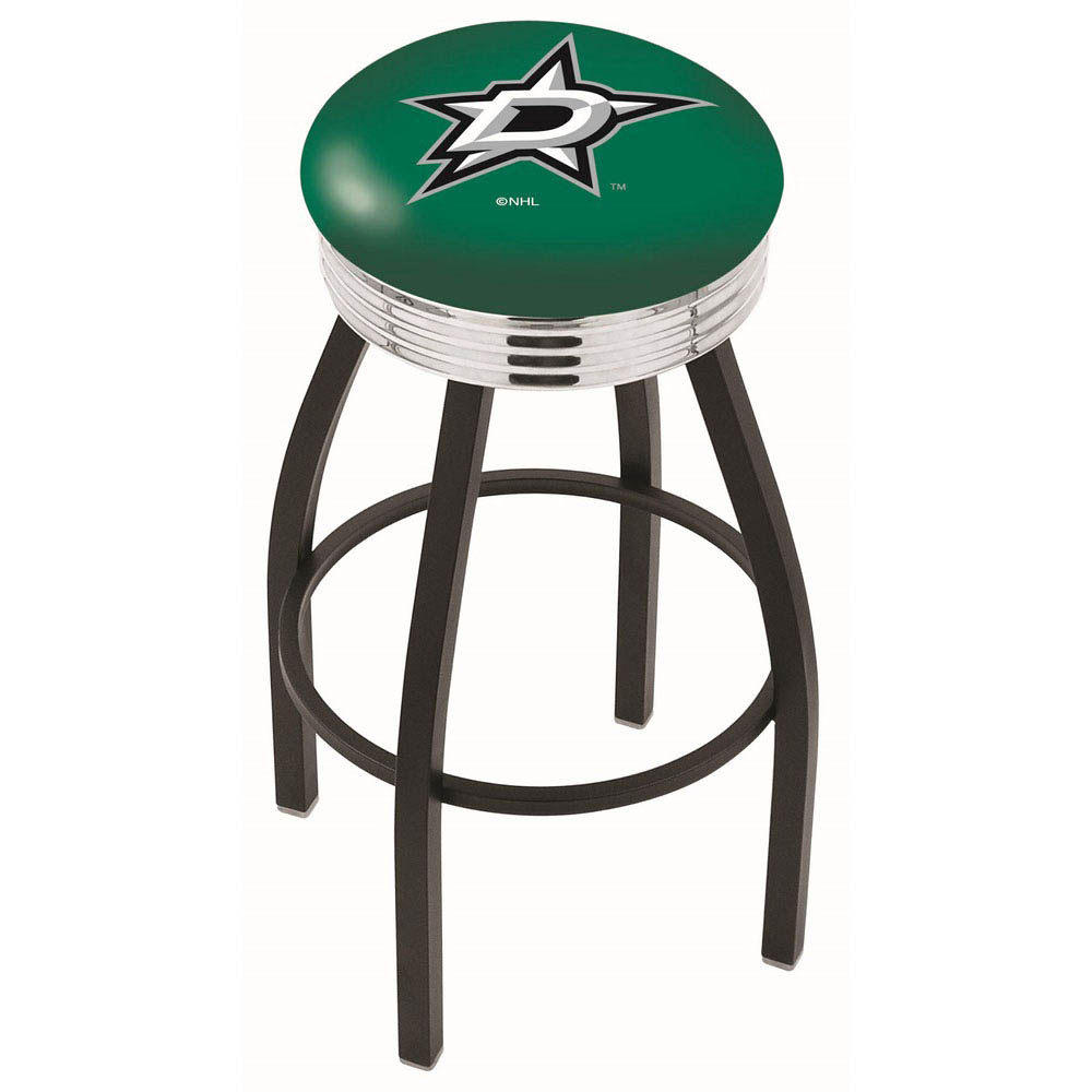 inch Black Dallas Stars Swivel Bar Stool w/ Chrome Ribbed Accent