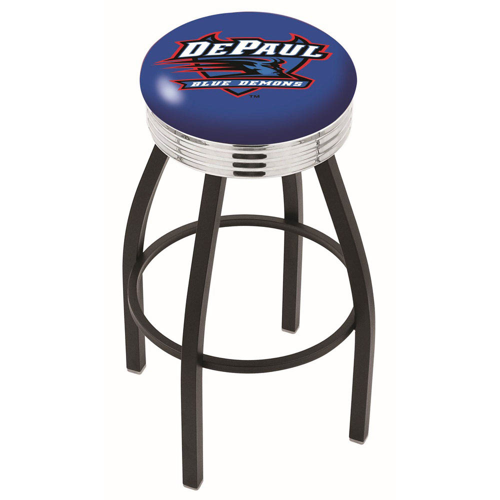 inch Black DePaul Swivel Bar Stool w/ Chrome Ribbed Accent