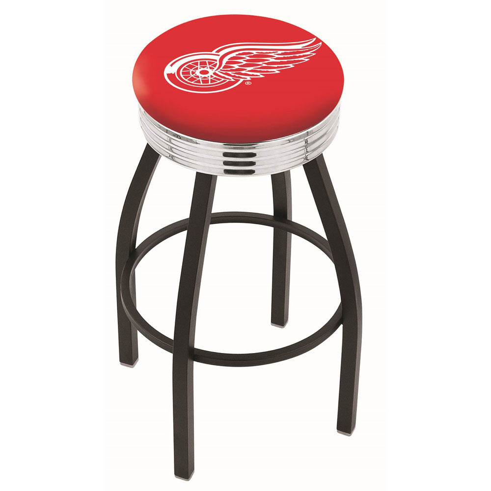 inch Black Detroit Red Wings Swivel Bar Stool w/ Chrome Ribbed Accent