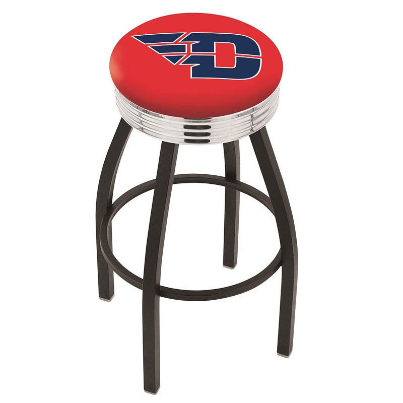 inch Black University of Dayton Swivel Bar Stool w/ Chrome Ribbed Accent