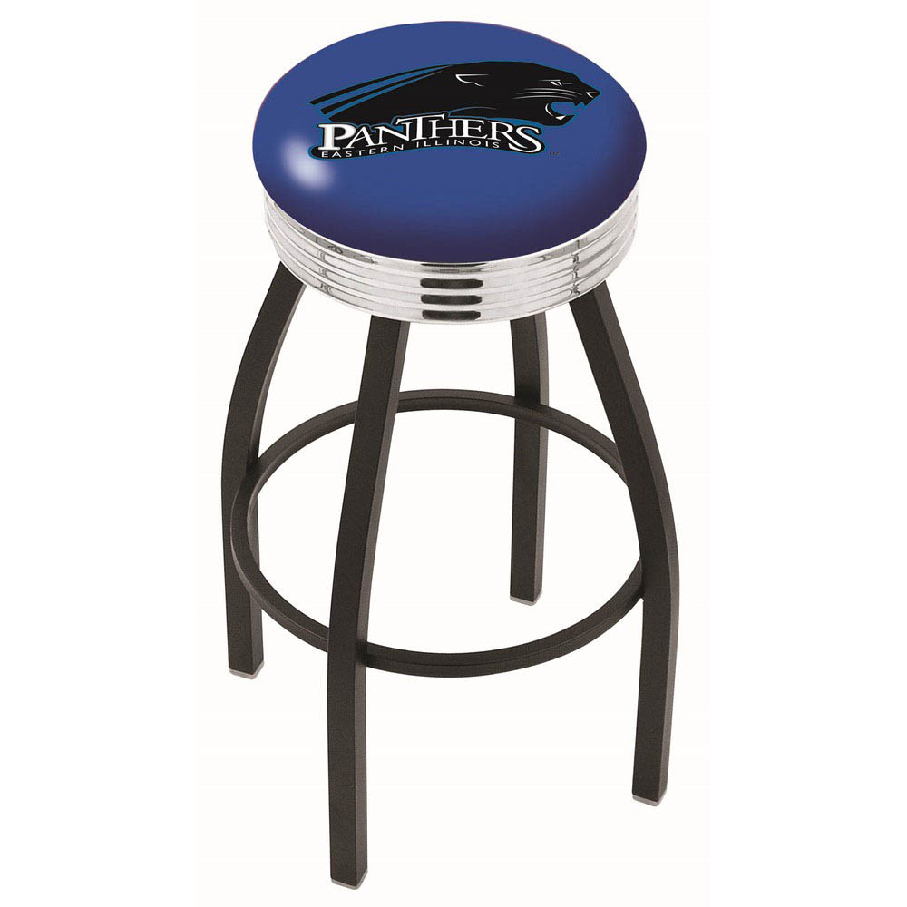 inch Black Eastern Illinois Swivel Bar Stool w/ Chrome Ribbed Accent