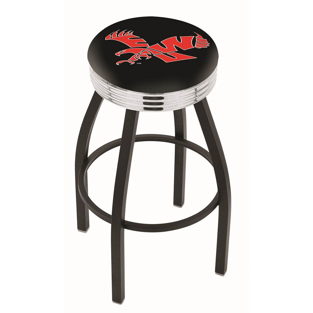 inch Black Eastern Washington Swivel Bar Stool w/ Chrome Ribbed Accent