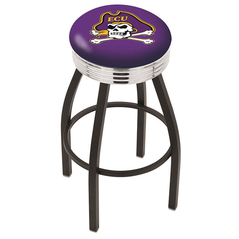 inch Black East Carolina Swivel Bar Stool w/ Chrome Ribbed Accent