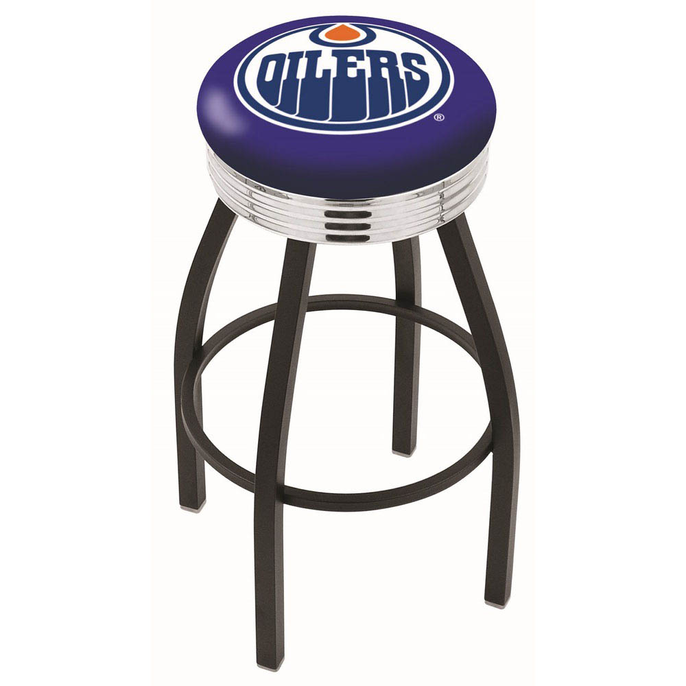 inch Black Edmonton Oilers Swivel Bar Stool w/ Chrome Ribbed Accent