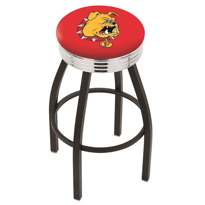 inch Black Ferris State Swivel Bar Stool w/ Chrome Ribbed Accent