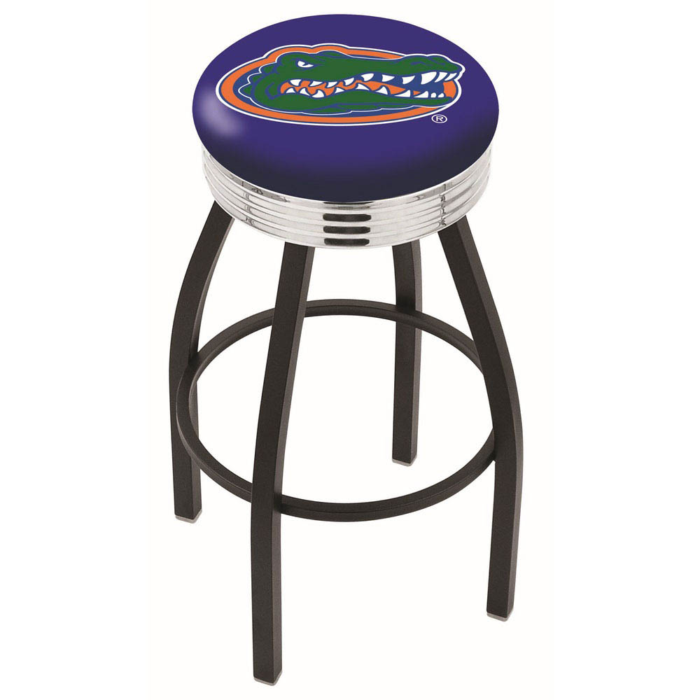 inch Black Florida Swivel Bar Stool w/ Chrome Ribbed Accent