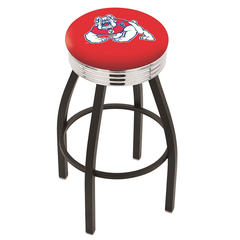 inch Black Fresno State Swivel Bar Stool w/ Chrome Ribbed Accent
