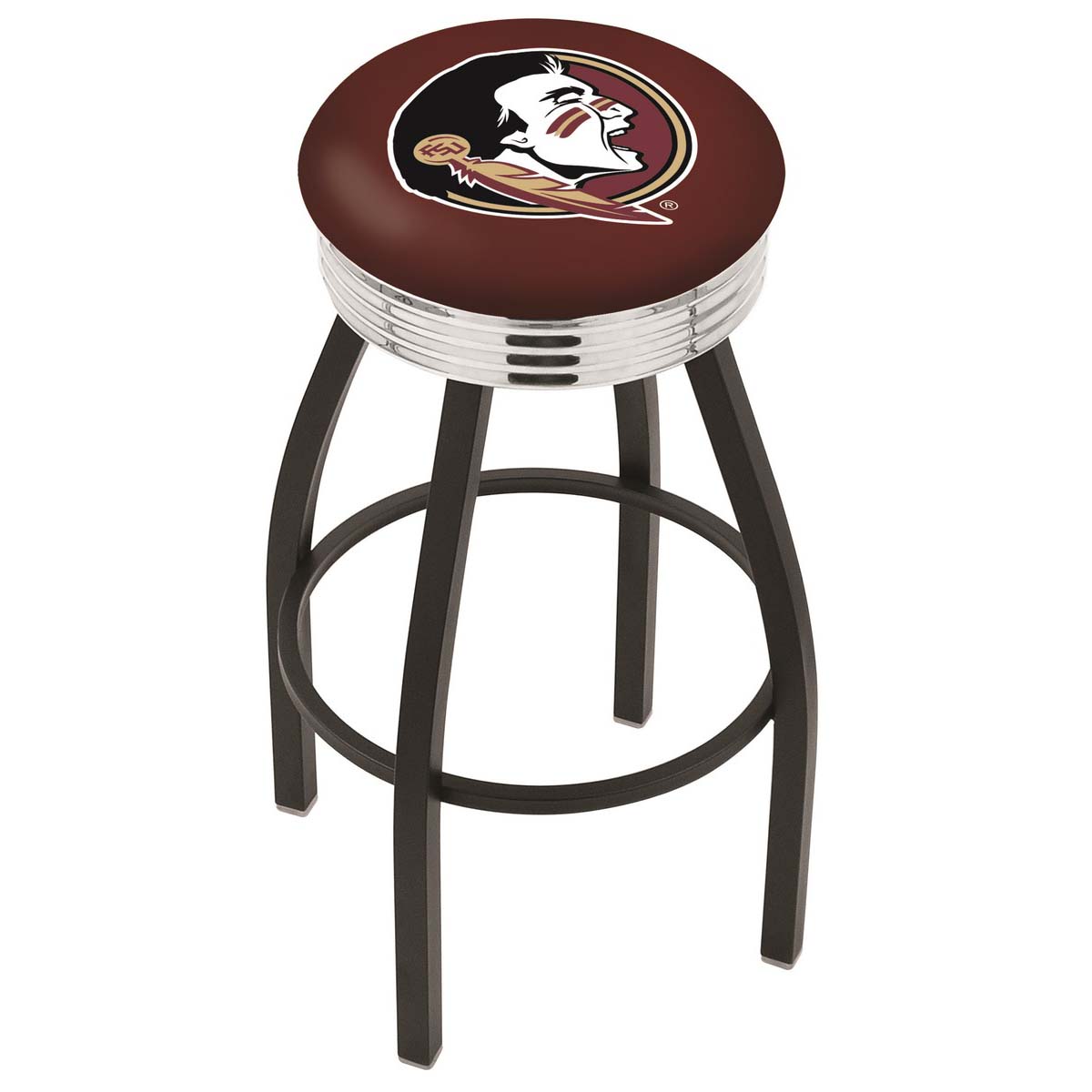 inch Black Florida State Head Swivel Bar Stool w/ Chrome Ribbed Accent