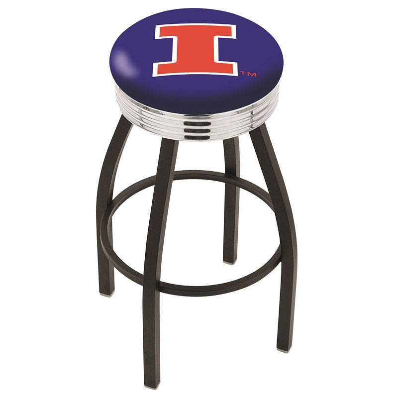 inch Black Illinois Swivel Bar Stool w/ Chrome Ribbed Accent