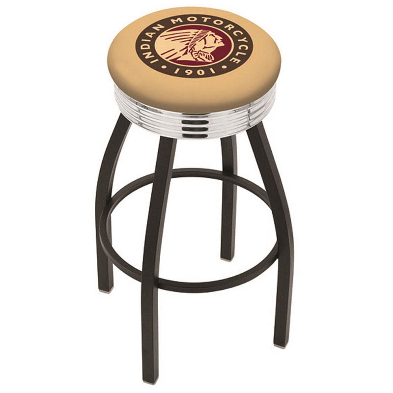 25 inch Black Indian Motorcycle Swivel Bar Stool w/ Chrome Ribbed Accent