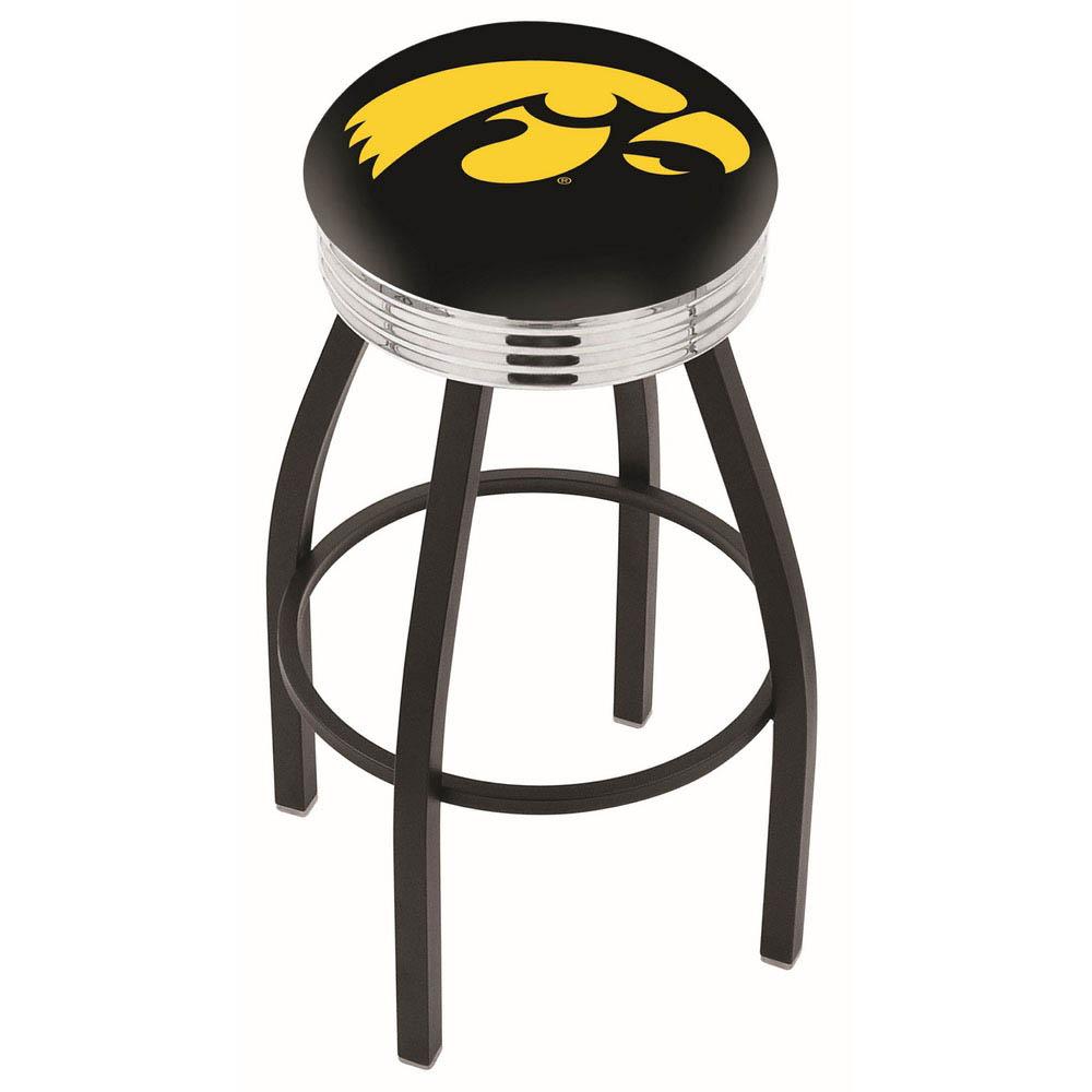 inch Black Iowa Swivel Bar Stool w/ Chrome Ribbed Accent
