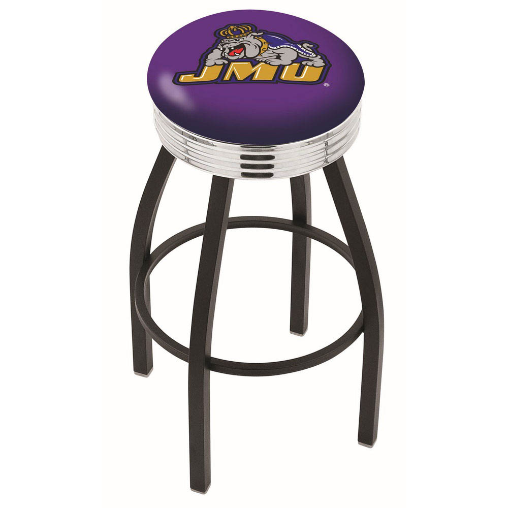 inch Black James Madison Swivel Bar Stool w/ Chrome Ribbed Accent