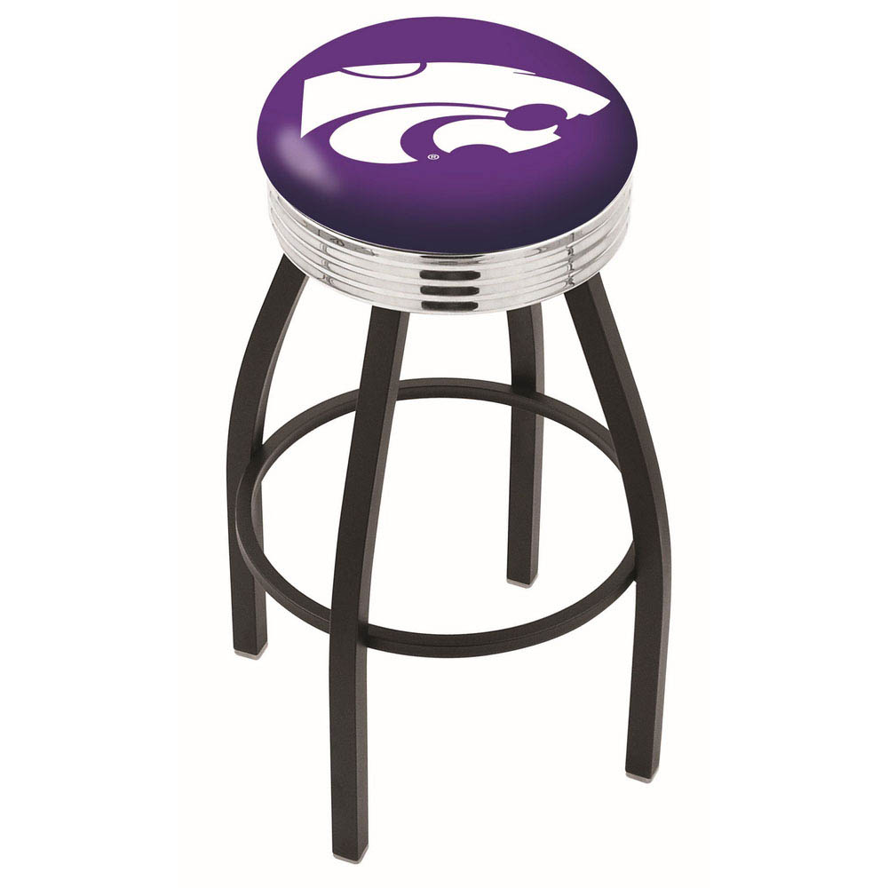 inch Black Kansas State Swivel Bar Stool w/ Chrome Ribbed Accent
