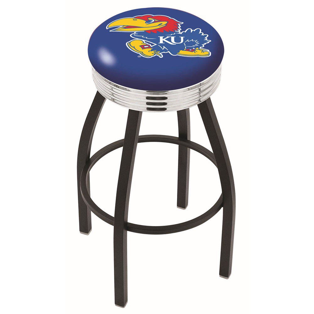 inch Black Kansas Swivel Bar Stool w/ Chrome Ribbed Accent