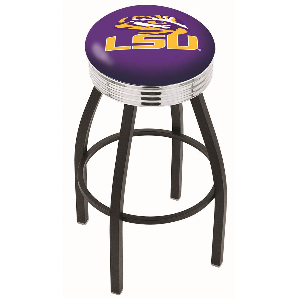 inch Black Louisiana State Swivel Bar Stool w/ Chrome Ribbed Accent