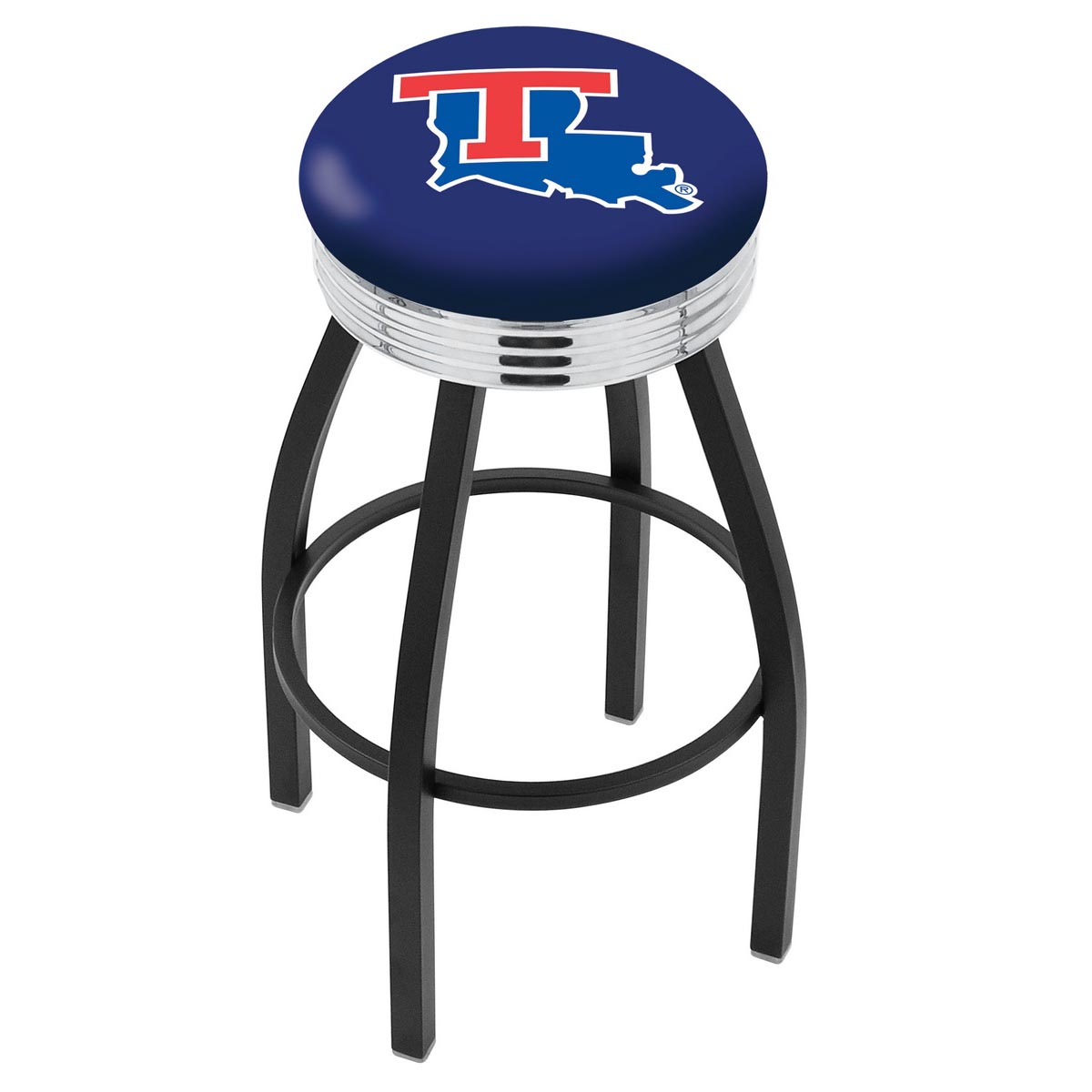 inch Black Louisiana Tech Swivel Bar Stool w/ Chrome Ribbed Accent