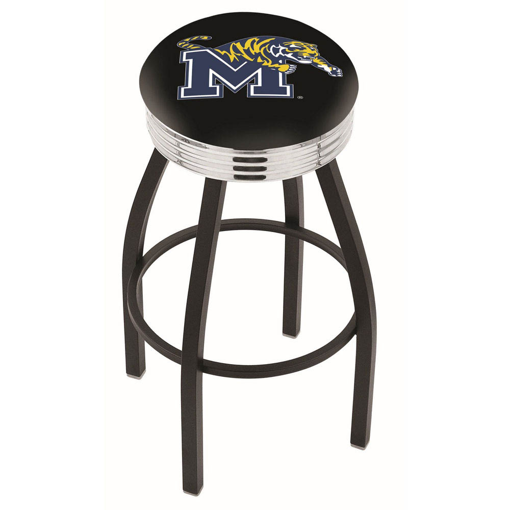 inch Black Memphis Swivel Bar Stool w/ Chrome Ribbed Accent