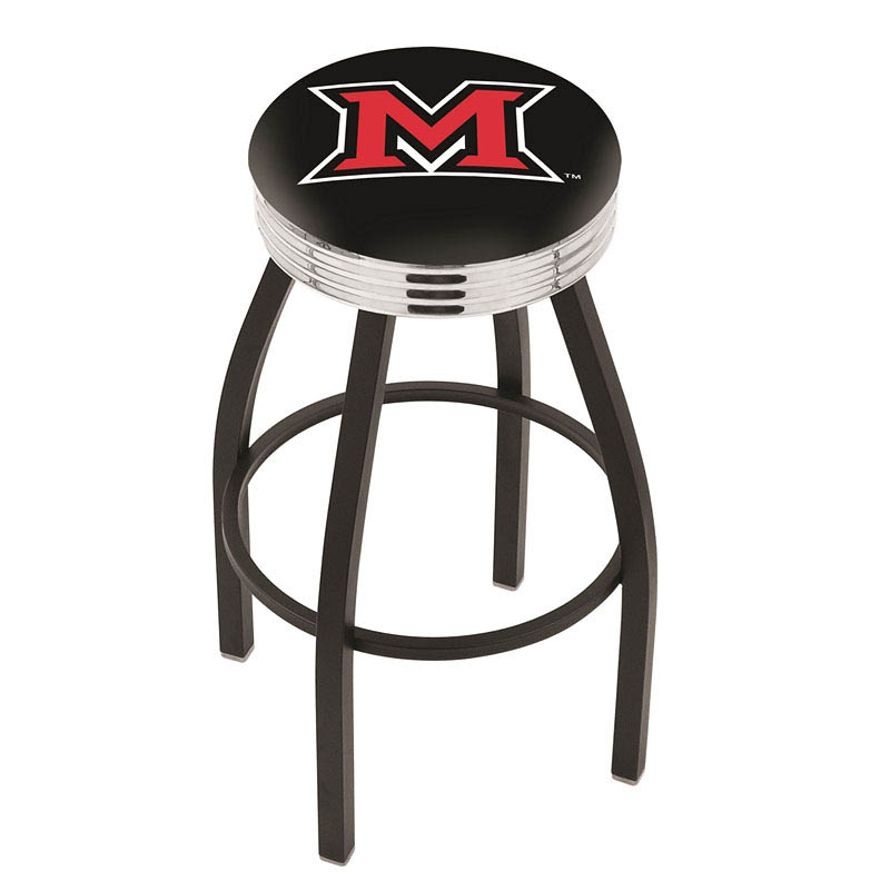 inch Black Miami of Ohio Swivel Bar Stool w/ Chrome Ribbed Accent