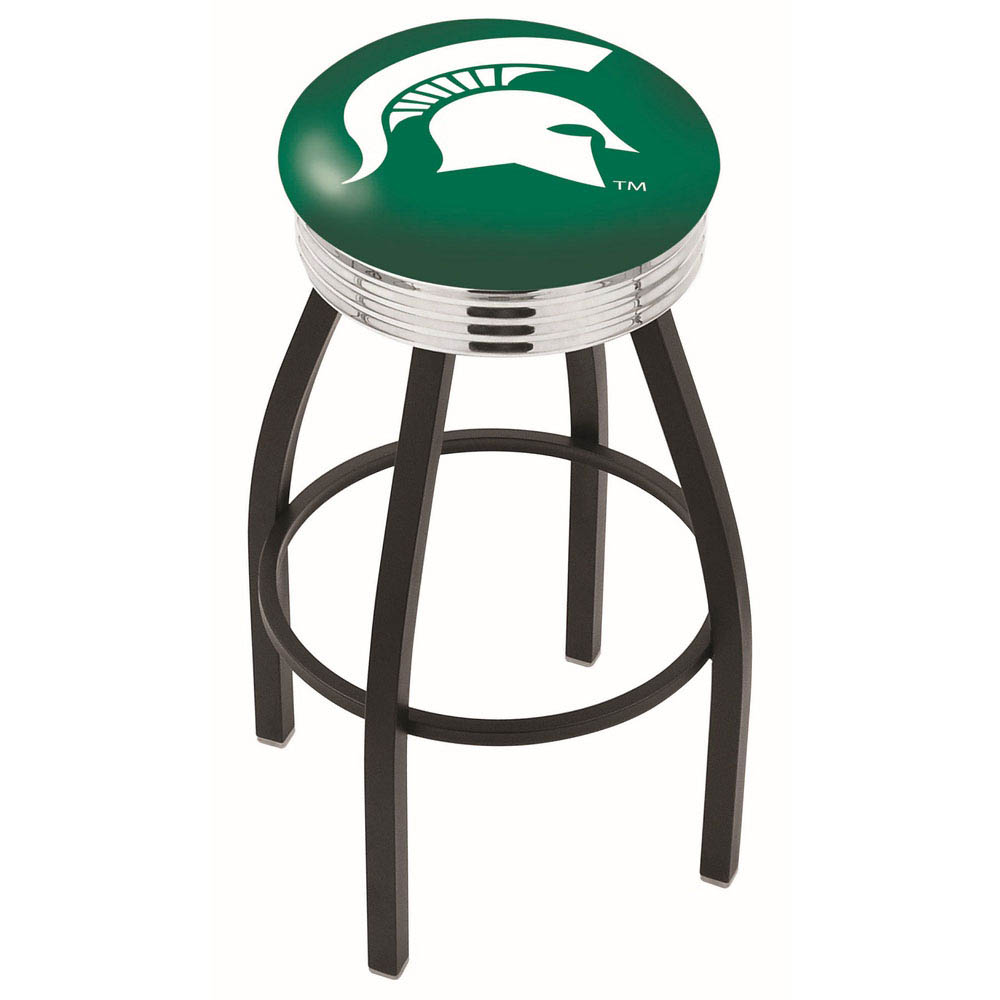 inch Black Michigan State Swivel Bar Stool w/ Chrome Ribbed Accent