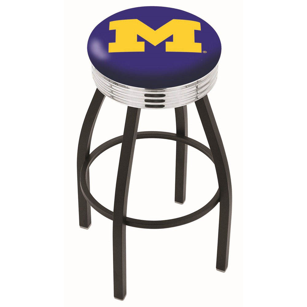25 inch Black Michigan Swivel Bar Stool w/ Chrome Ribbed Accent