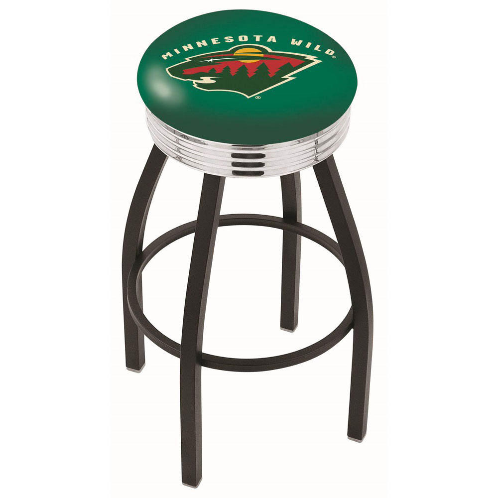 inch Black Minnesota Wild Swivel Bar Stool w/ Chrome Ribbed Accent