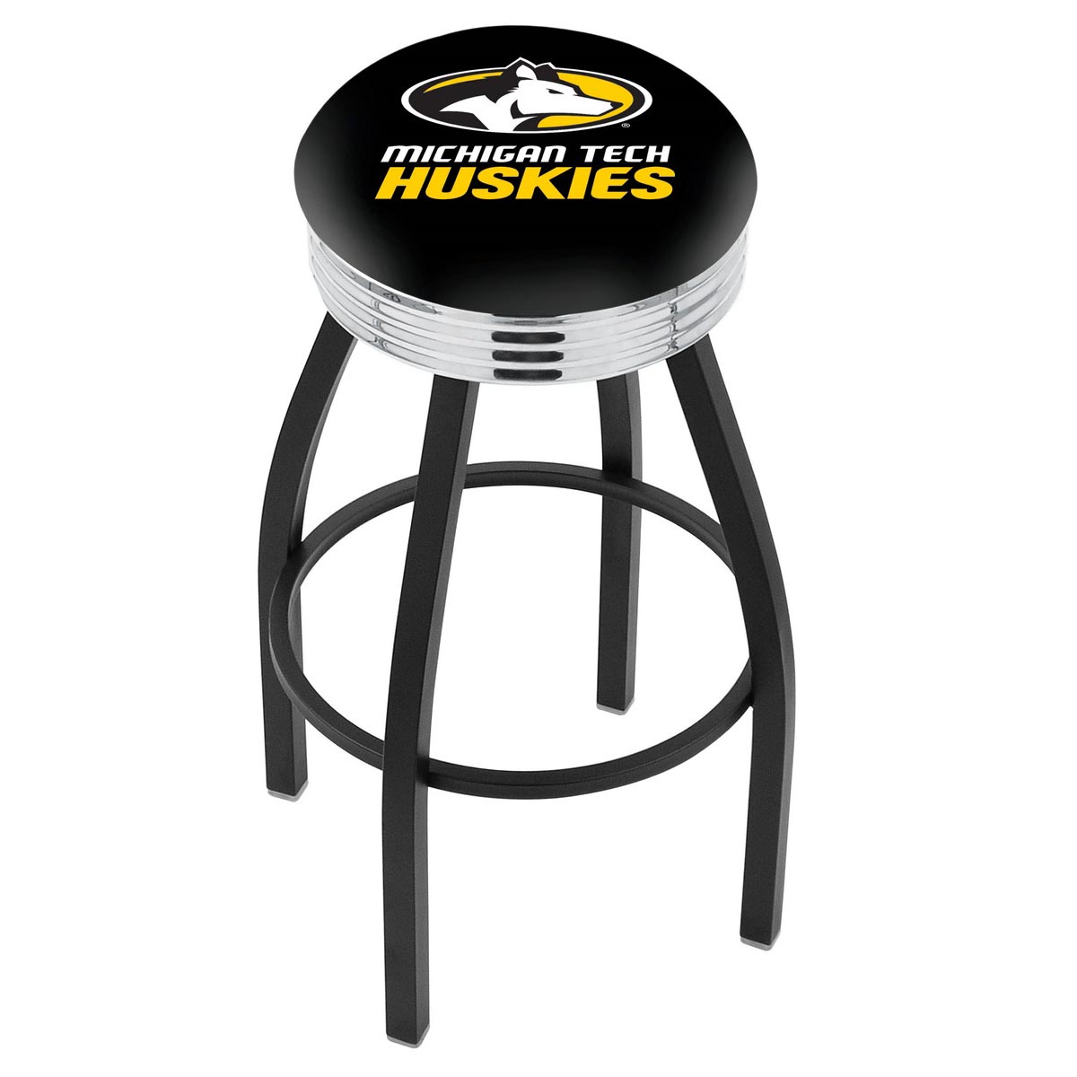 inch Black Michigan Tech Swivel Bar Stool w/ Chrome Ribbed Accent