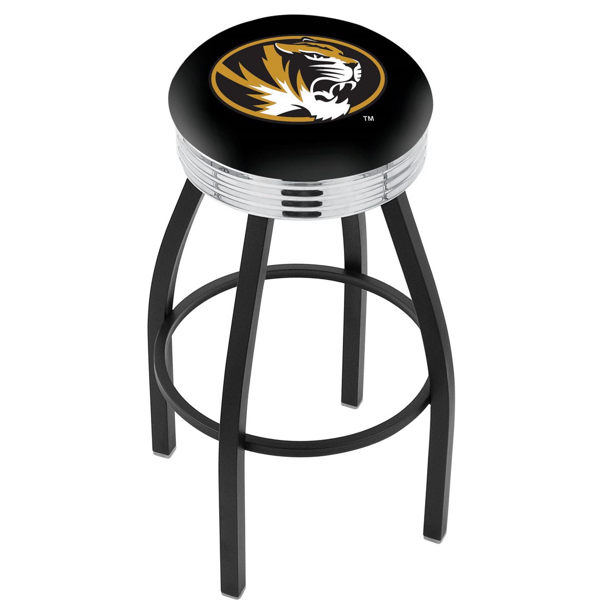 inch Black Missouri Swivel Bar Stool w/ Chrome Ribbed Accent