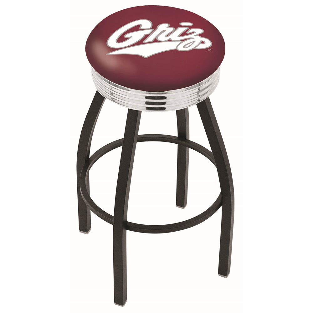 inch Black Montana Swivel Bar Stool w/ Chrome Ribbed Accent