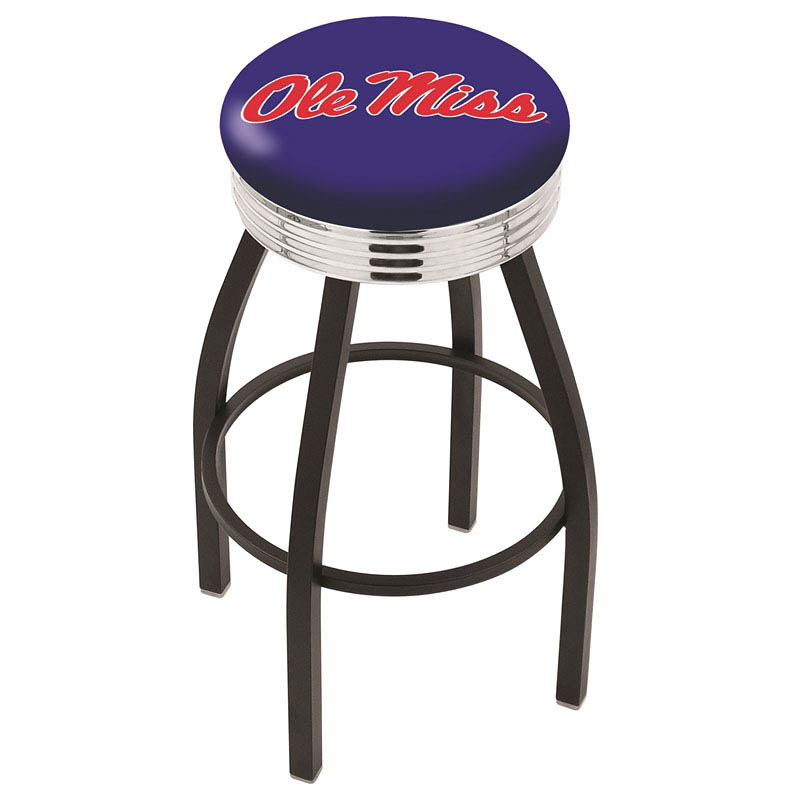 inch Black Ole Miss Swivel Bar Stool w/ Chrome Ribbed Accent