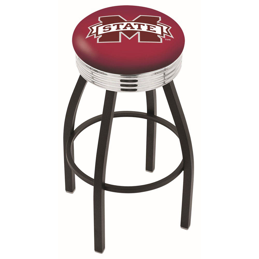 inch Black Mississippi State Swivel Bar Stool w/ Chrome Ribbed Accent