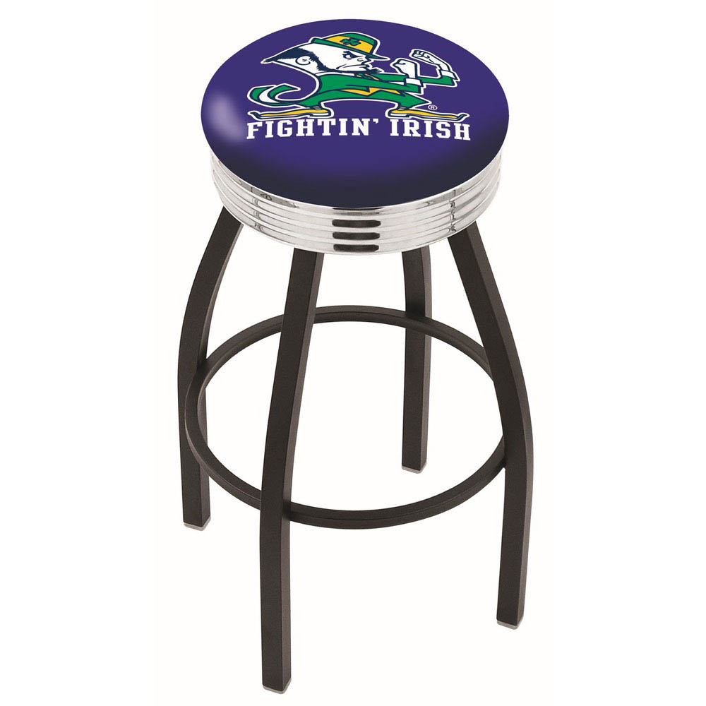 inch Black Notre Dame Leprechaun Swivel Bar Stool w/ Chrome Ribbed Accent
