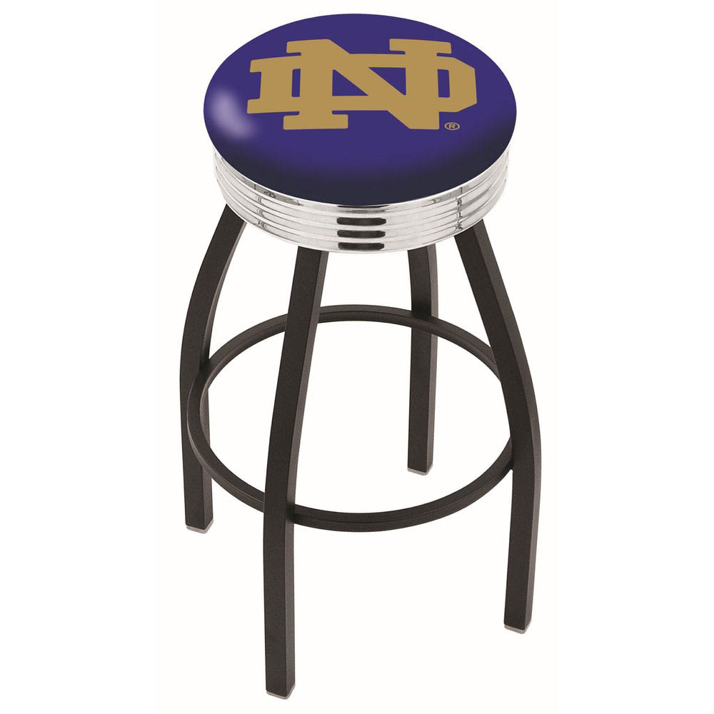 inch Black Notre Dame Swivel Bar Stool w/ Chrome Ribbed Accent