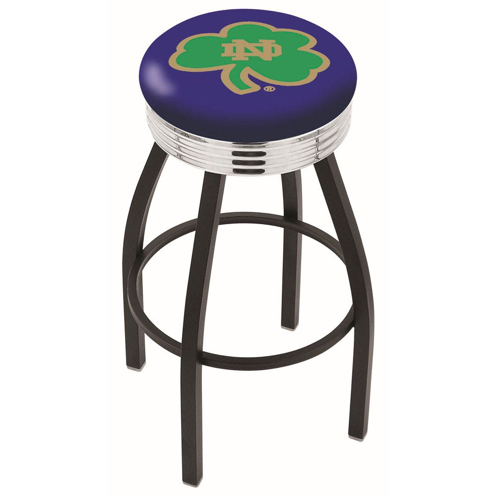 inch Black Notre Dame Shamrock Swivel Bar Stool w/ Chrome Ribbed Accent