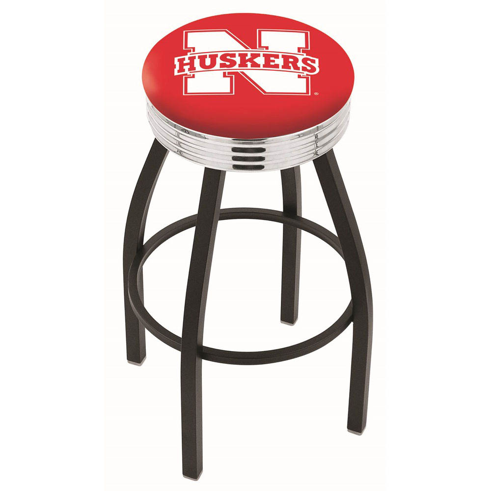 inch Black Nebraska Swivel Bar Stool w/ Chrome Ribbed Accent
