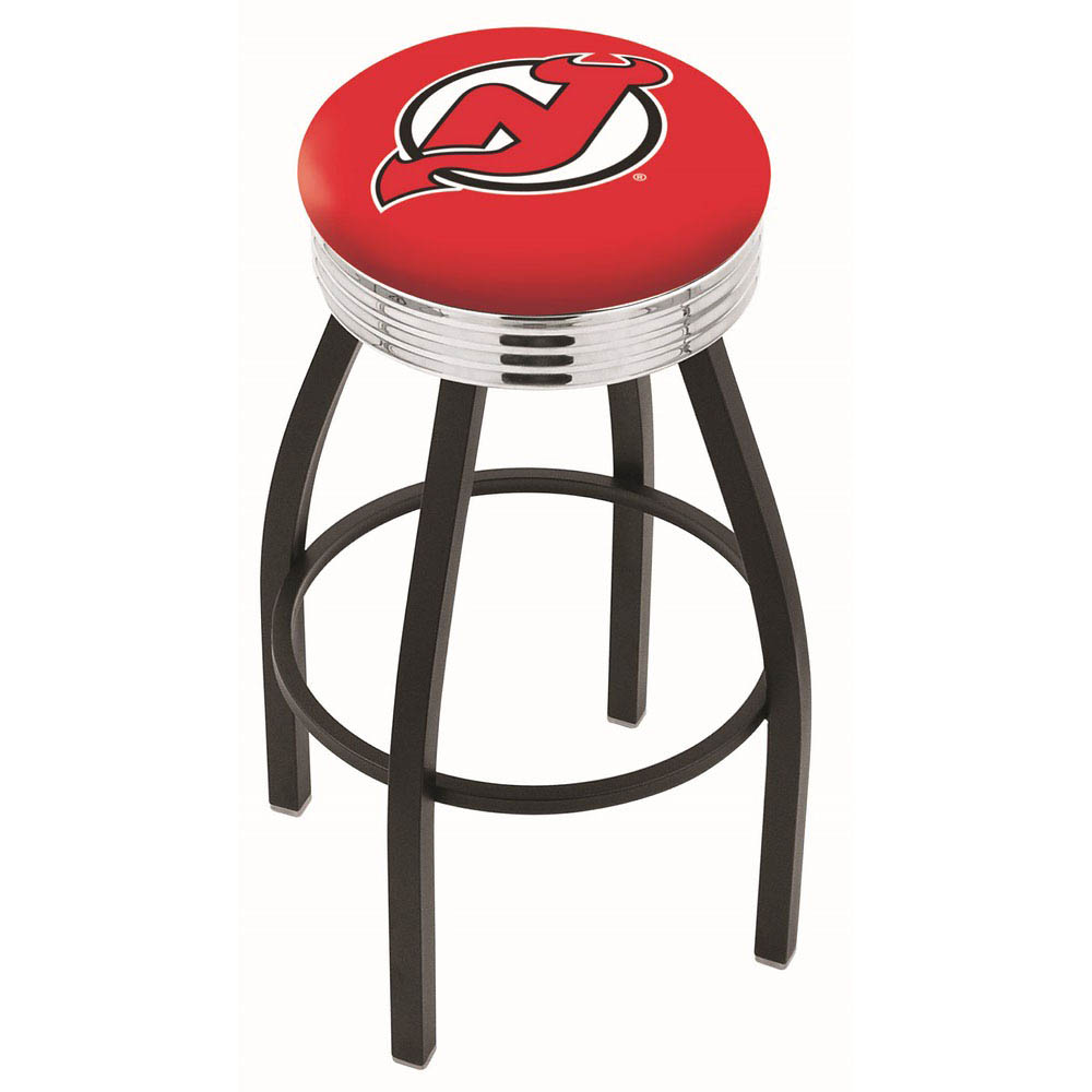inch Black New Jersey Devils Swivel Bar Stool w/ Chrome Ribbed Accent