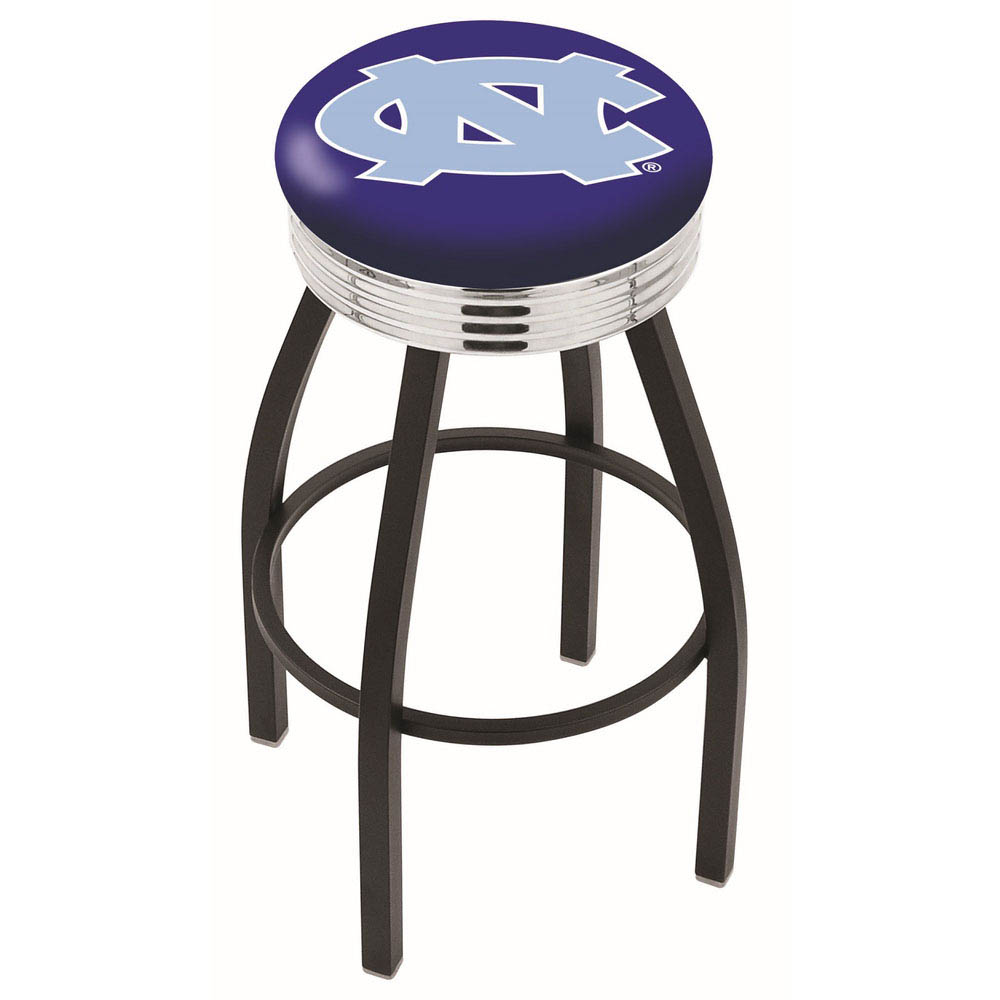 inch Black North Carolina Swivel Bar Stool w/ Chrome Ribbed Accent