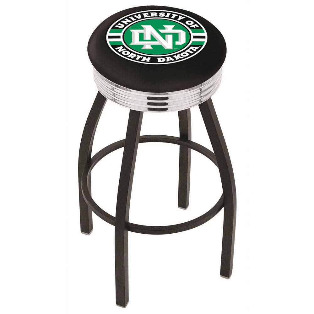 inch Black North Dakota Swivel Bar Stool w/ Chrome Ribbed Accent