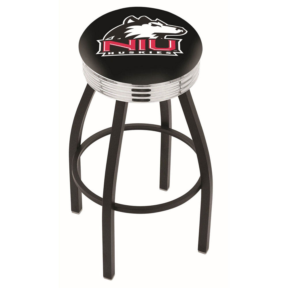 inch Black Northern Illinois Swivel Bar Stool w/ Chrome Ribbed Accent