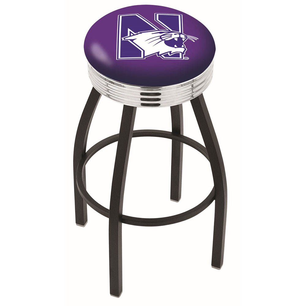 inch Black Northwestern Swivel Bar Stool w/ Chrome Ribbed Accent