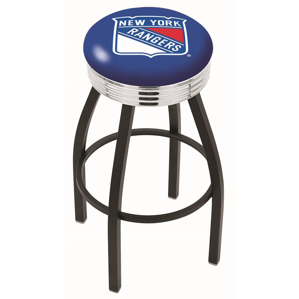 inch Black New York Rangers Swivel Bar Stool w/ Chrome Ribbed Accent