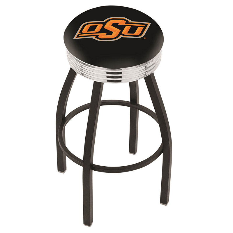 inch Black Oklahoma State Swivel Bar Stool w/ Chrome Ribbed Accent