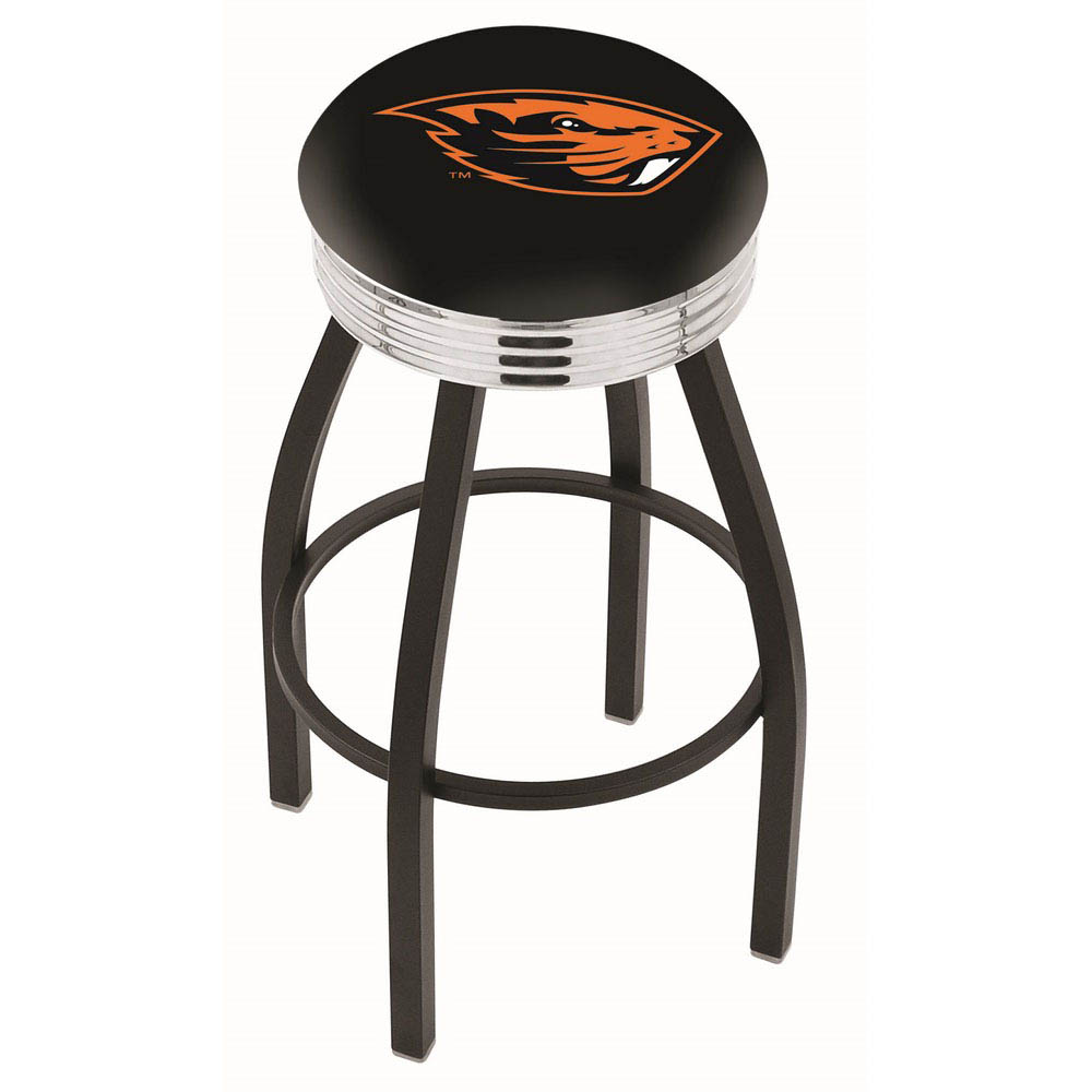 inch Black Oregon State Swivel Bar Stool w/ Chrome Ribbed Accent