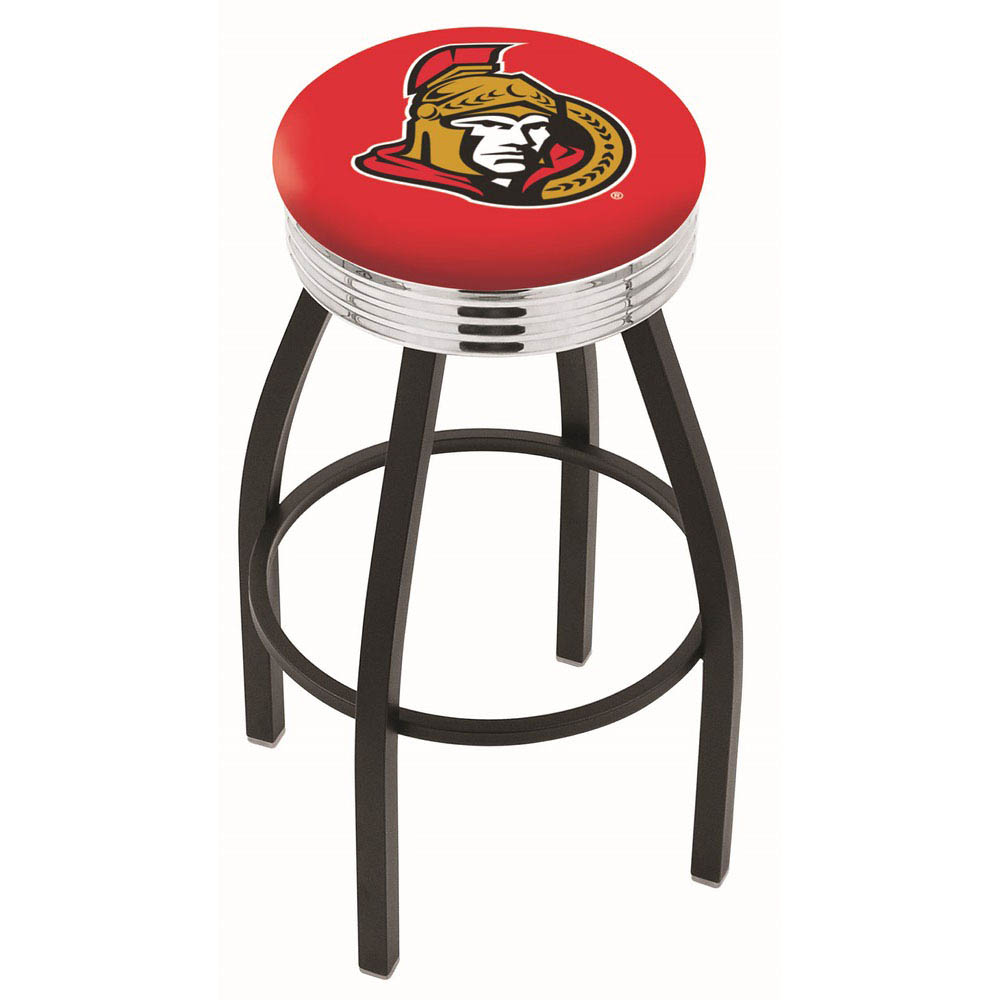 inch Black Ottawa Senators Swivel Bar Stool w/ Chrome Ribbed Accent