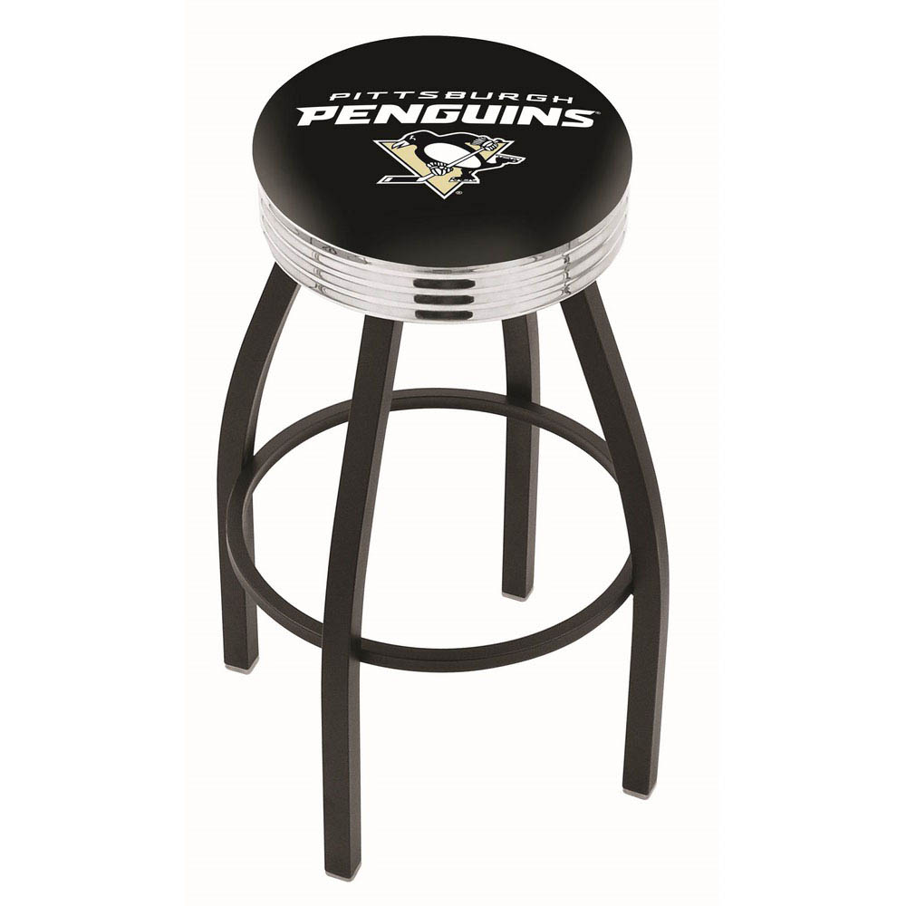 inch Black Pittsburgh Penguins Swivel Bar Stool w/ Chrome Ribbed Accent
