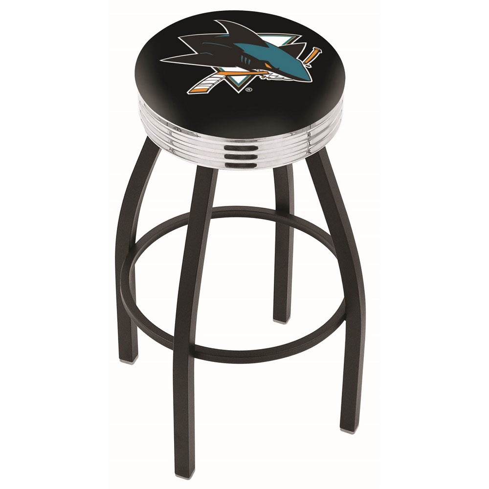 inch Black San Jose Sharks Swivel Bar Stool w/ Chrome Ribbed Accent