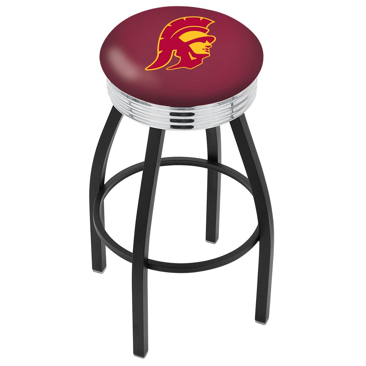 inch Black USC Trojans Swivel Bar Stool w/ Chrome Ribbed Accent